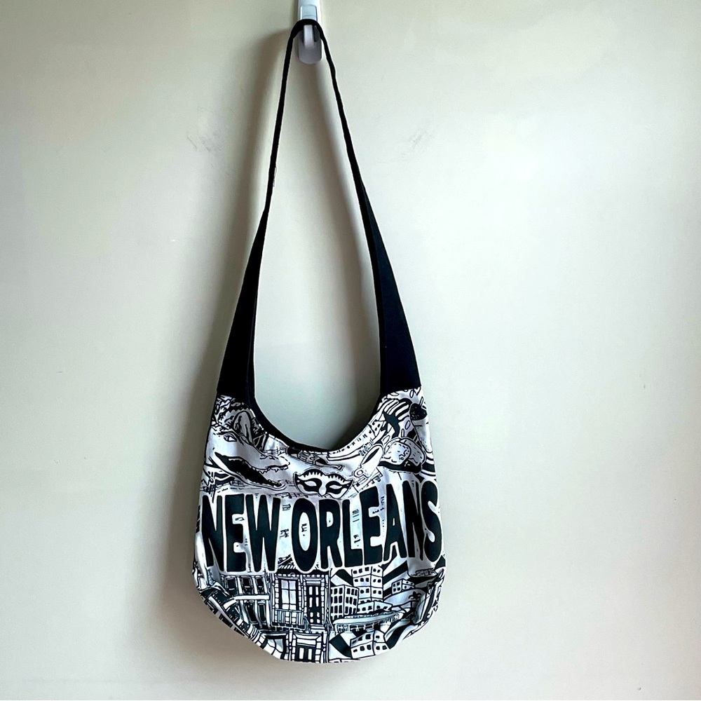 New Orleans Tote City Scape Messenger Canvas Bag Marci Gras and Local Food Print